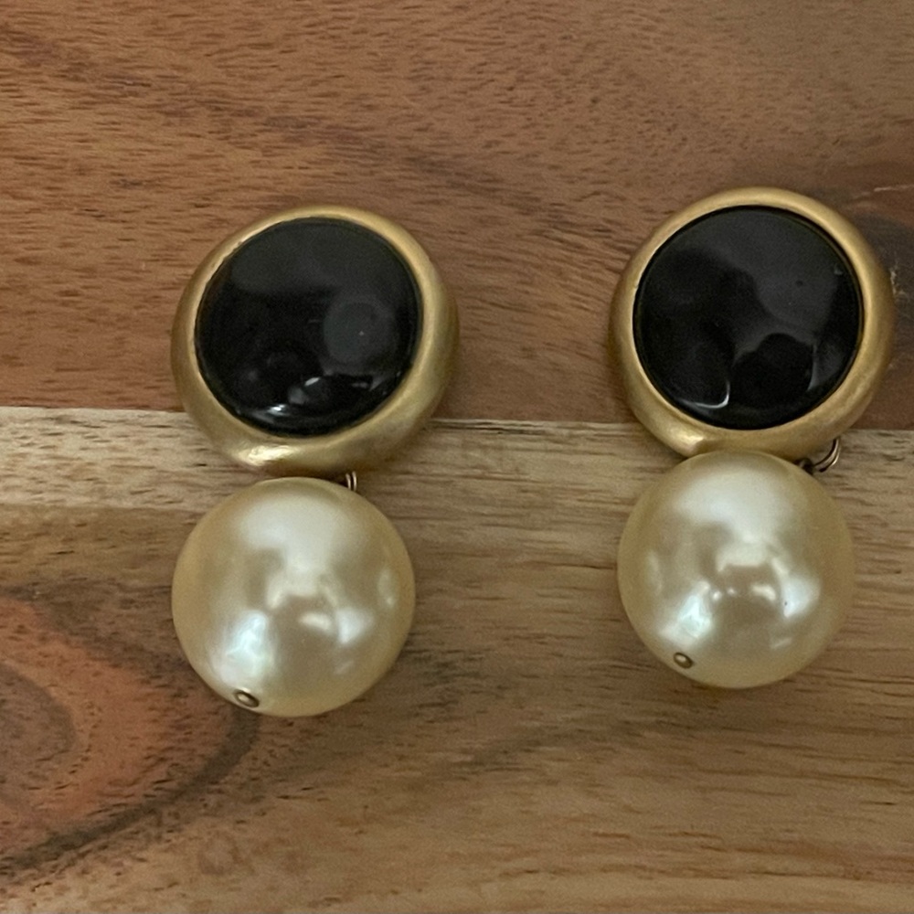Gold-Tone Black Enamel and Pearl Drop Earrings